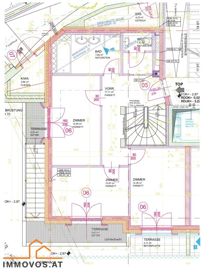 Planauszug der mittleren Ebene mit 3 Zimmern + Bad/WC